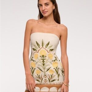 Strapless Floral Linen Dress in Cream and Yellow